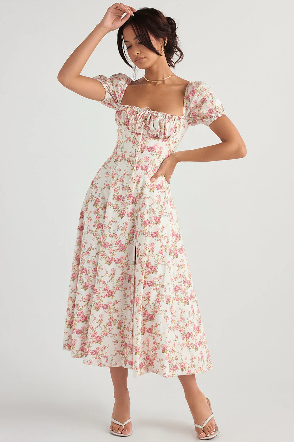 Ladies Midi Dress – Ruched Top – Puff Sleeves – A-Line – Breathable Fabric – Square Neck - Image 5