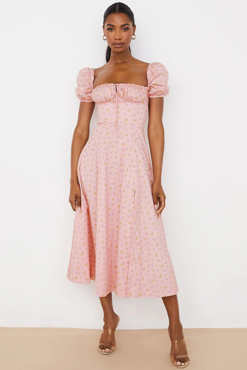 Ladies Midi Dress – Ruched Top – Puff Sleeves – A-Line – Breathable Fabric – Square Neck - Image 6