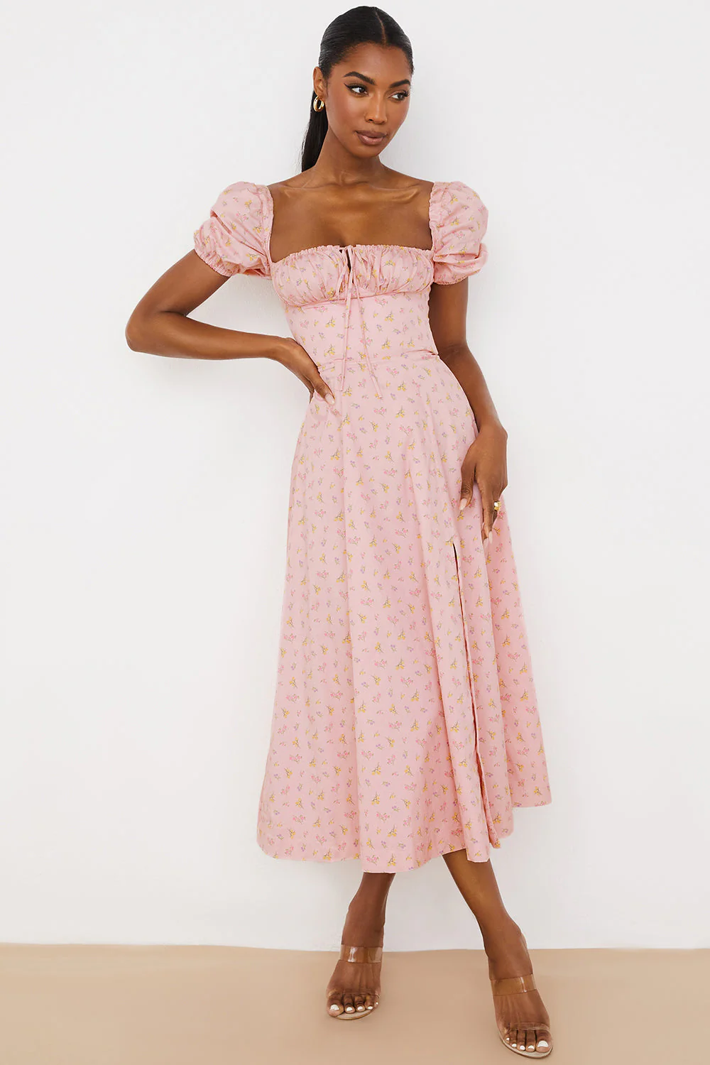 Ladies Midi Dress – Ruched Top – Puff Sleeves – A-Line – Breathable Fabric – Square Neck - Image 7