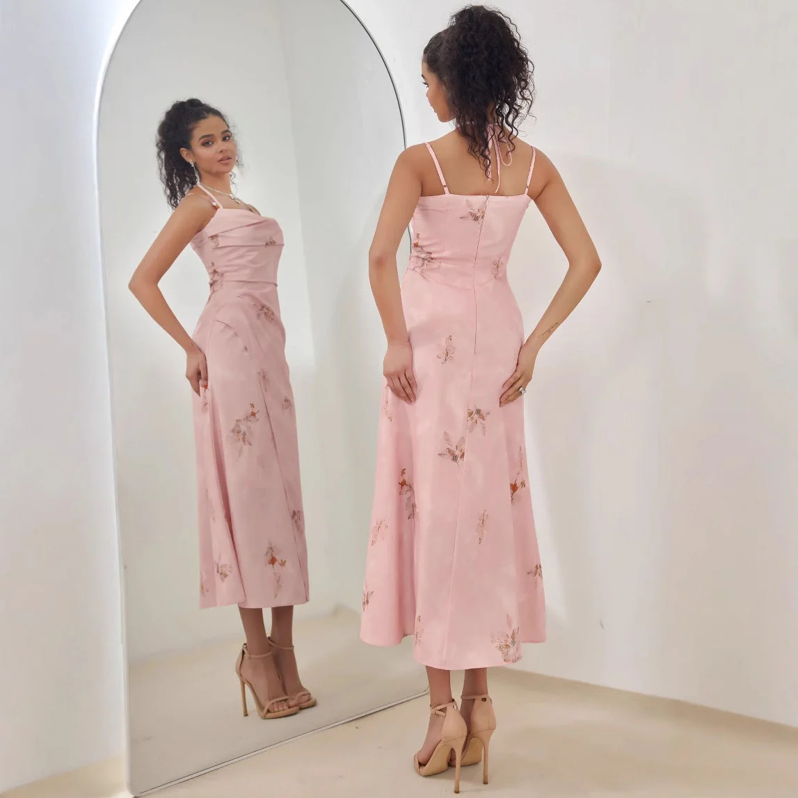 Ladies midi dress – satin look – A-line fit – strappy shoulders – floral print - Image 2