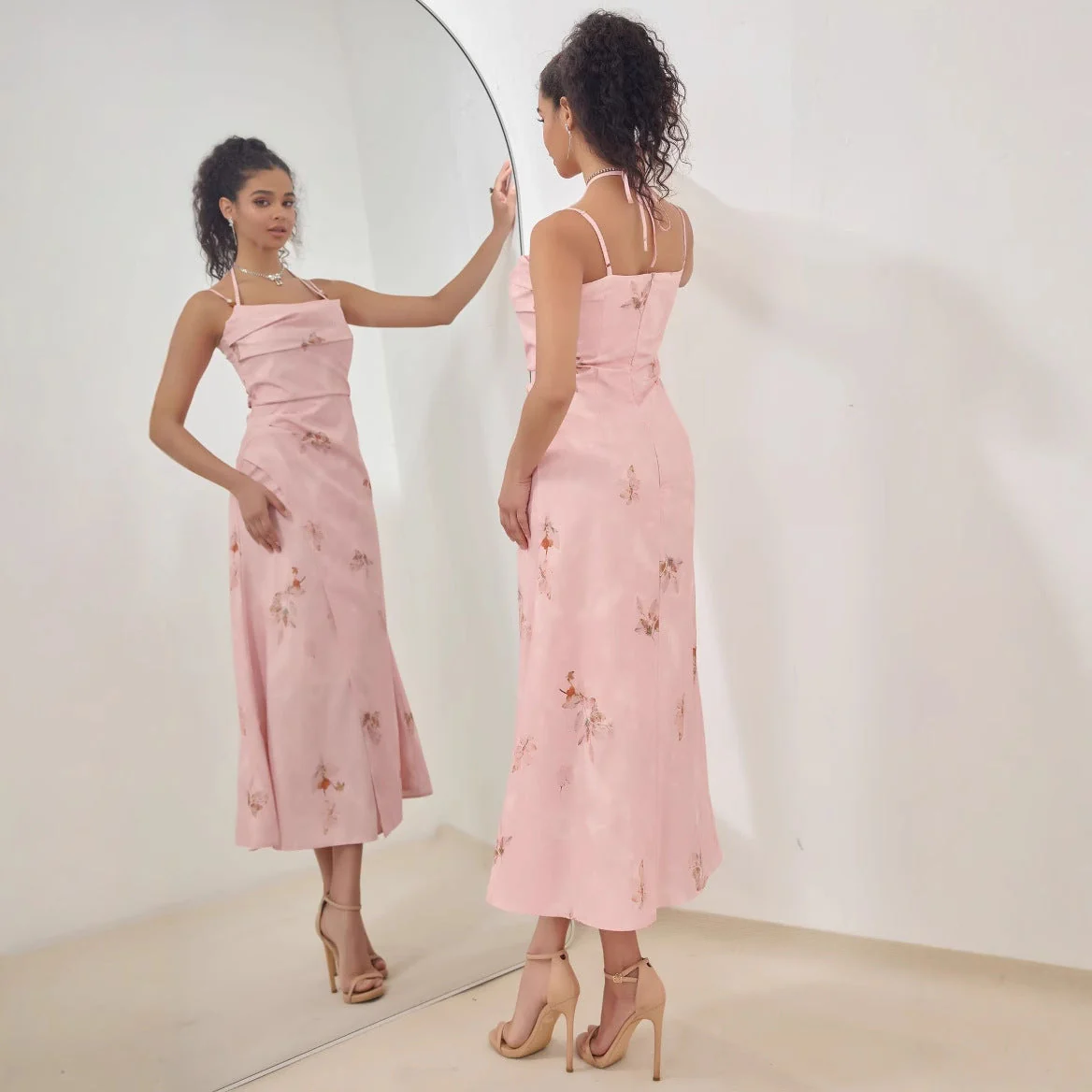 Ladies midi dress – satin look – A-line fit – strappy shoulders – floral print - Image 3