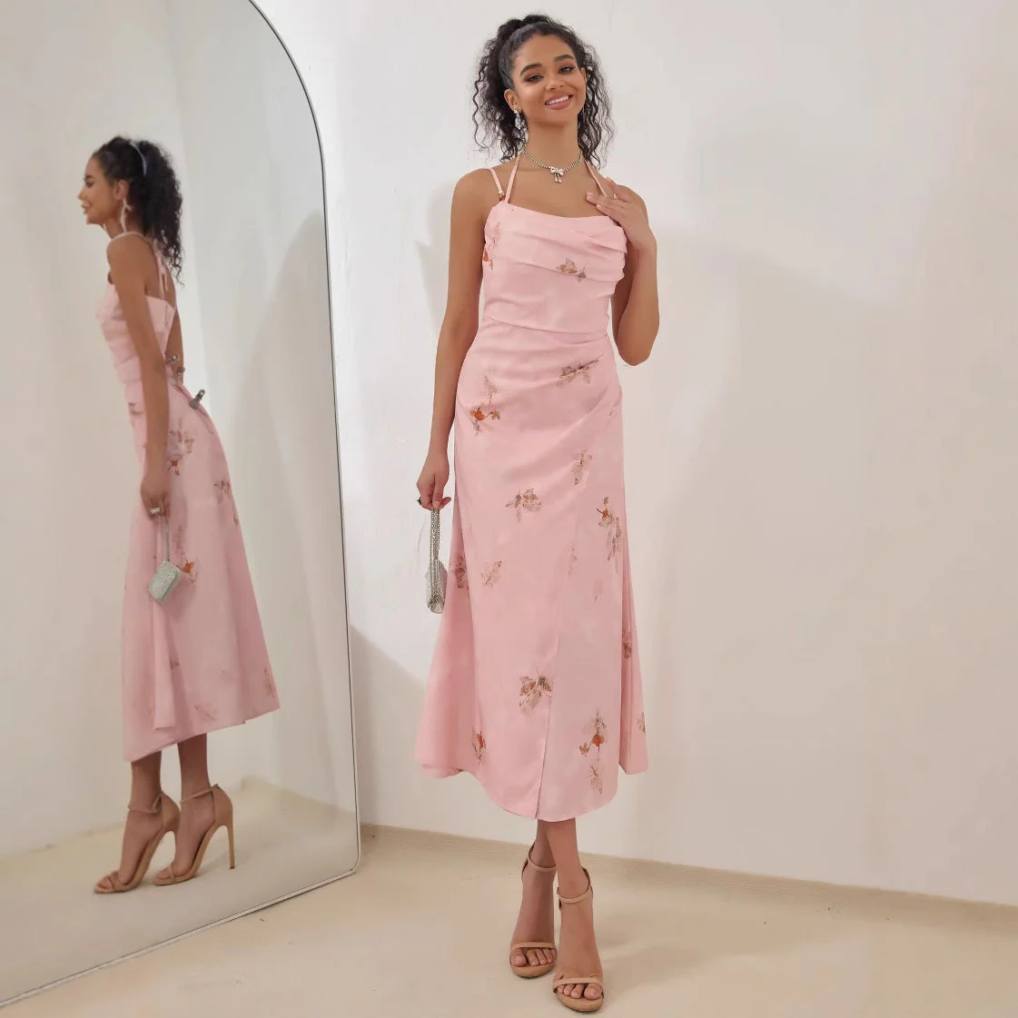 Ladies midi dress – satin look – A-line fit – strappy shoulders – floral print - Image 4