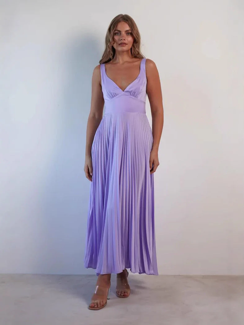 Ladies Midi Dress – Satin-look – V-Neck – Ruched Top – Spaghetti Straps – Pleated Skirt - Image 2