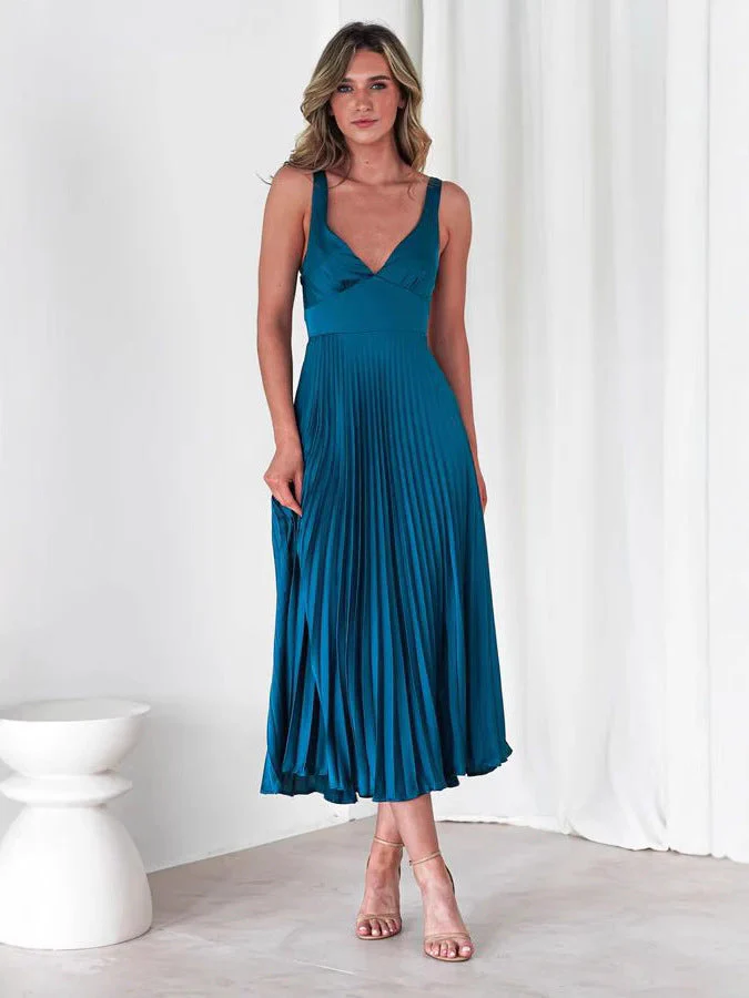Ladies Midi Dress – Satin-look – V-Neck – Ruched Top – Spaghetti Straps – Pleated Skirt - Image 3