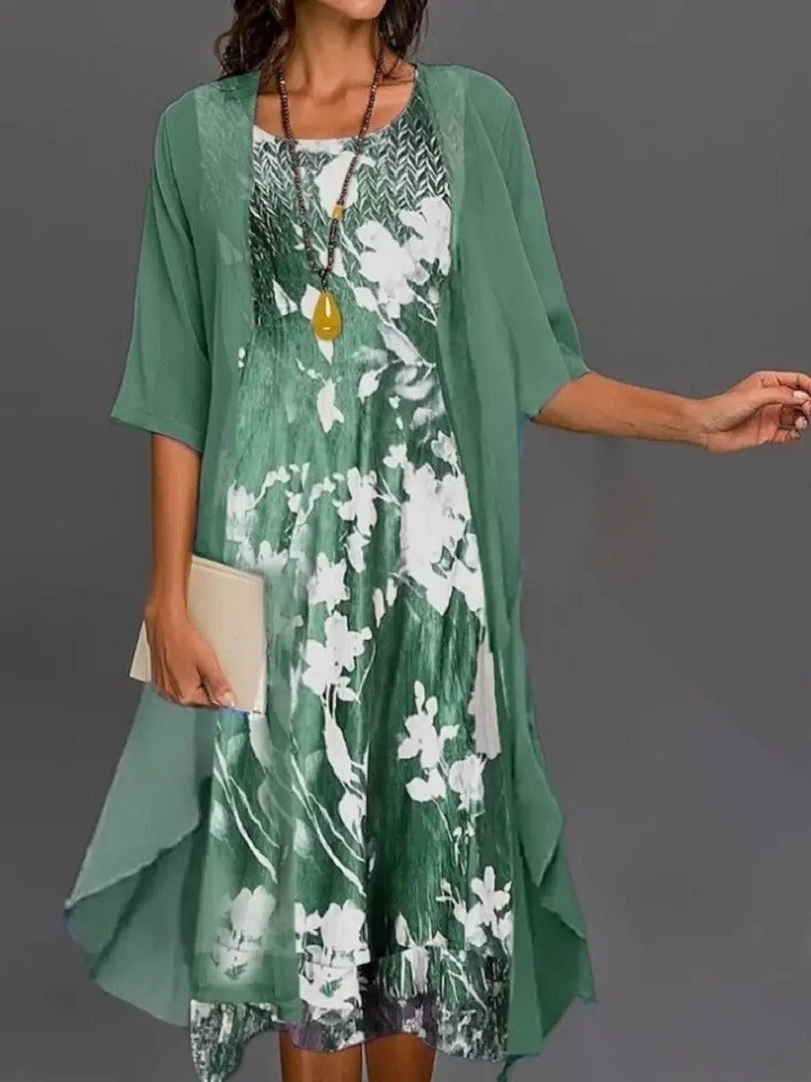Women's Midi Dress Set β A-Line Fit β Floral Print β Layered β Breathable Design