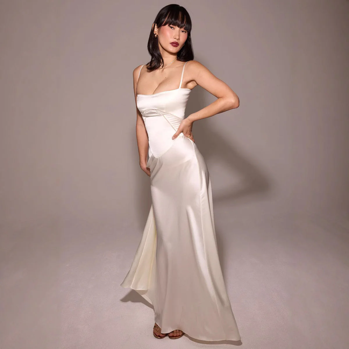 Women's Midi Dress – Slim Fit – A-Line – Spaghetti Straps – Lace Details – Luxury Fabric - Image 4