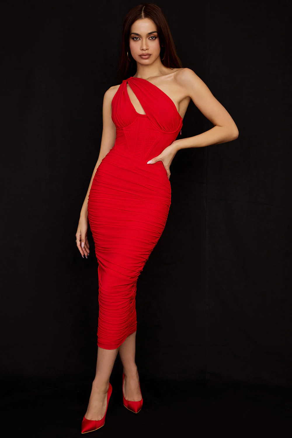 Ladies Midi Dress – Slim Fit – Asymmetrical Neckline – Corset Detail – Ruffled Design - Image 3