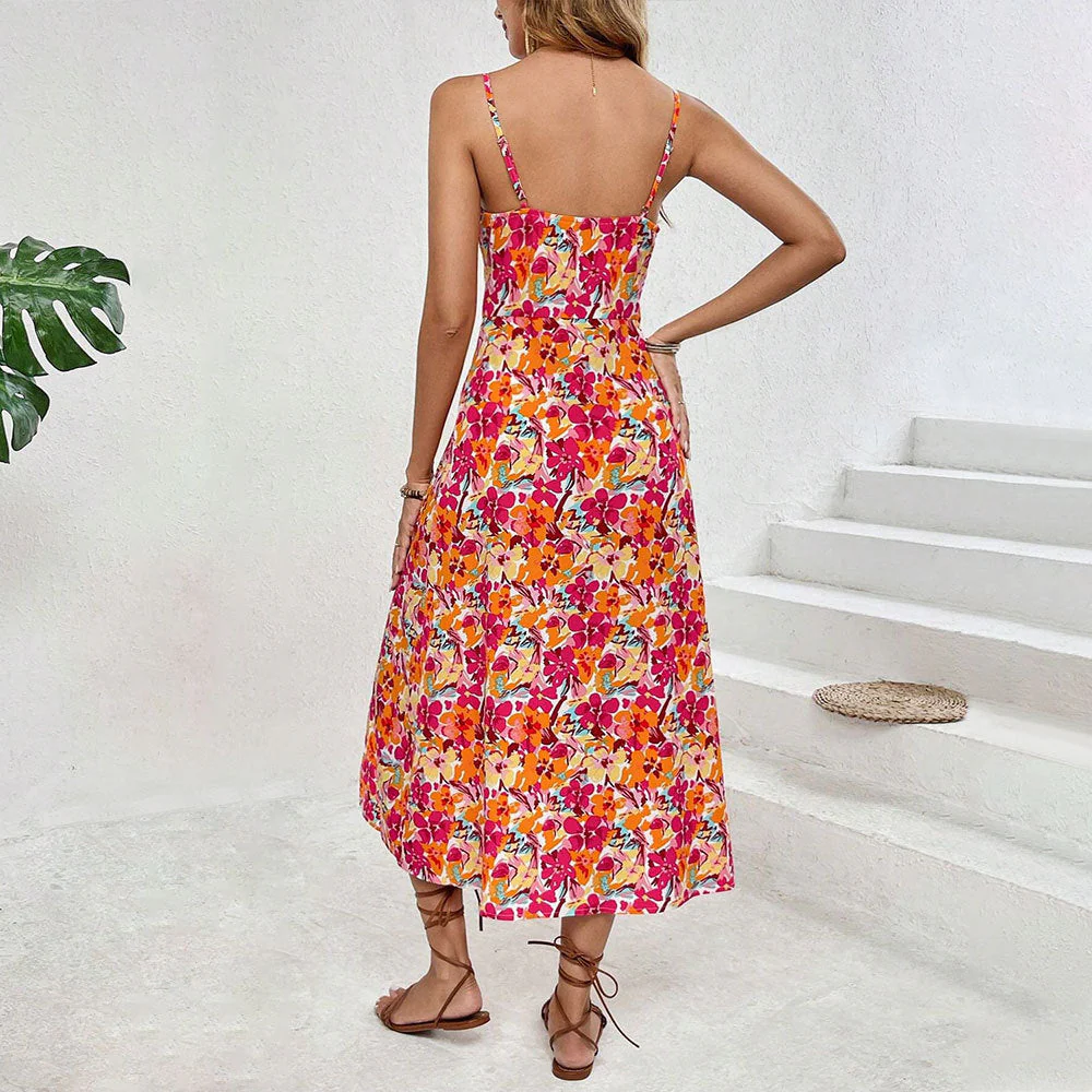 Women's Midi Dress – Slim Fit – Floral Print – Square Neck – Breathable – Split - Image 3