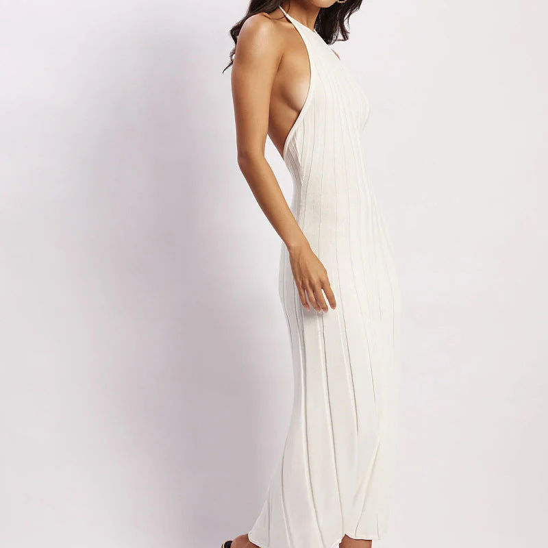 Ladies midi dress – Slim fit – Pleated skirt – Halter neck – Ribbed fabric - Image 2
