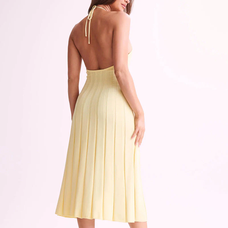 Ladies midi dress – Slim fit – Pleated skirt – Halter neck – Ribbed fabric - Image 3