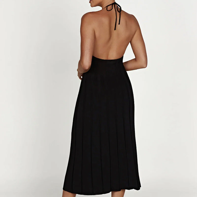 Ladies midi dress – Slim fit – Pleated skirt – Halter neck – Ribbed fabric - Image 4