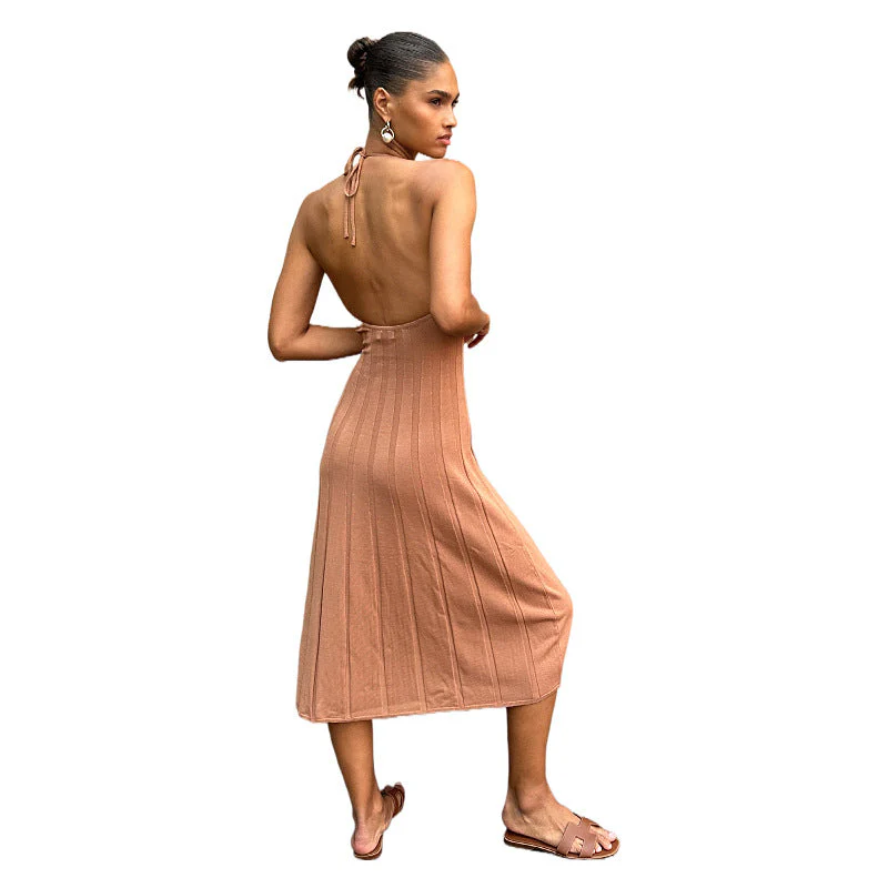 Ladies midi dress – Slim fit – Pleated skirt – Halter neck – Ribbed fabric - Image 5