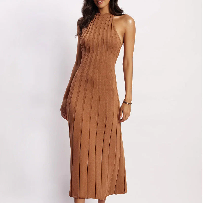 Ladies midi dress – Slim fit – Pleated skirt – Halter neck – Ribbed fabric - Image 6