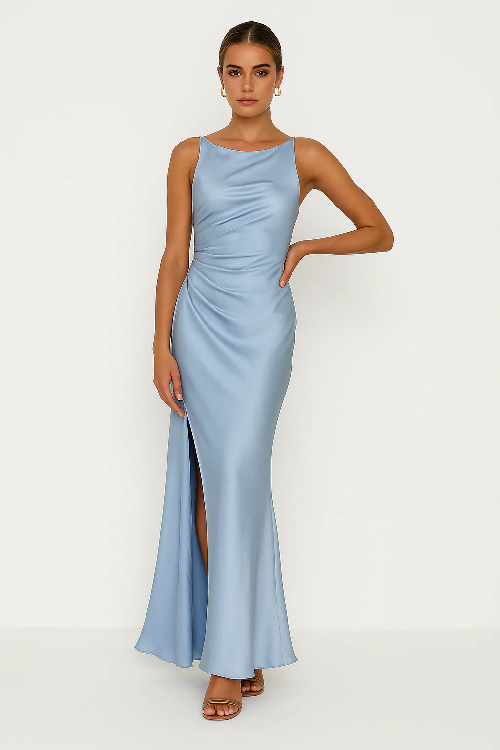 Women's Midi Dress – Slim Fit – Luxurious Shiny Fabric – Spaghetti Straps – Draped Neckline – Slit - Image 2