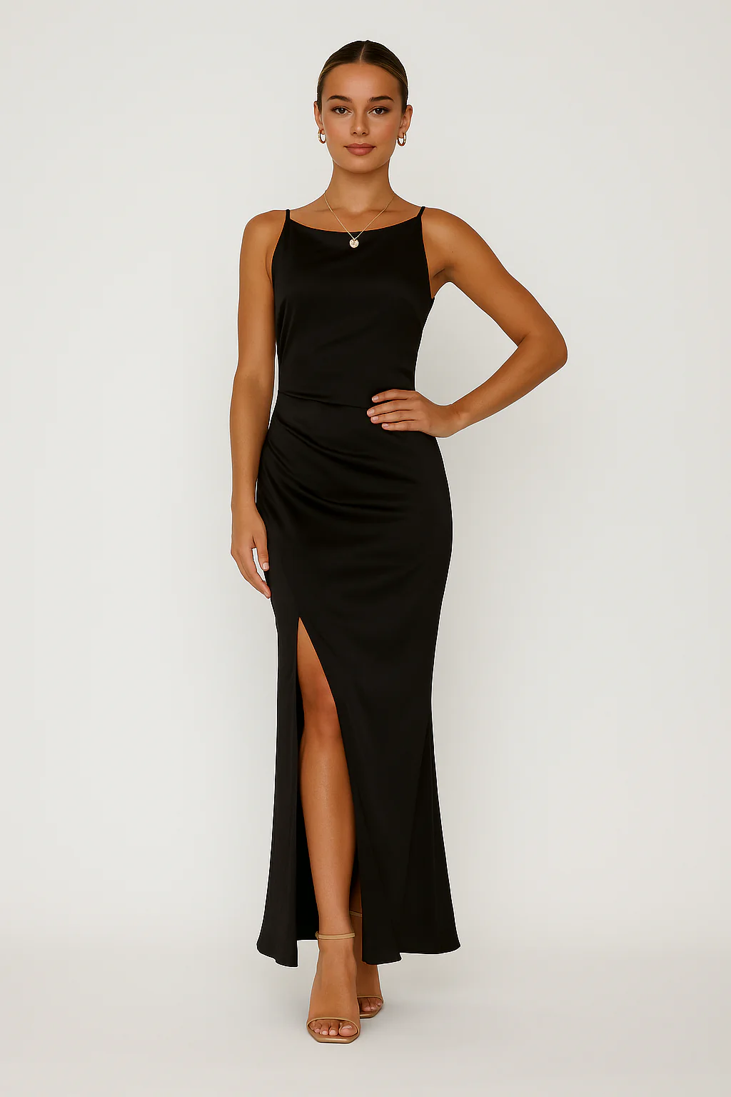 Women's Midi Dress – Slim Fit – Luxurious Shiny Fabric – Spaghetti Straps – Draped Neckline – Slit - Image 3