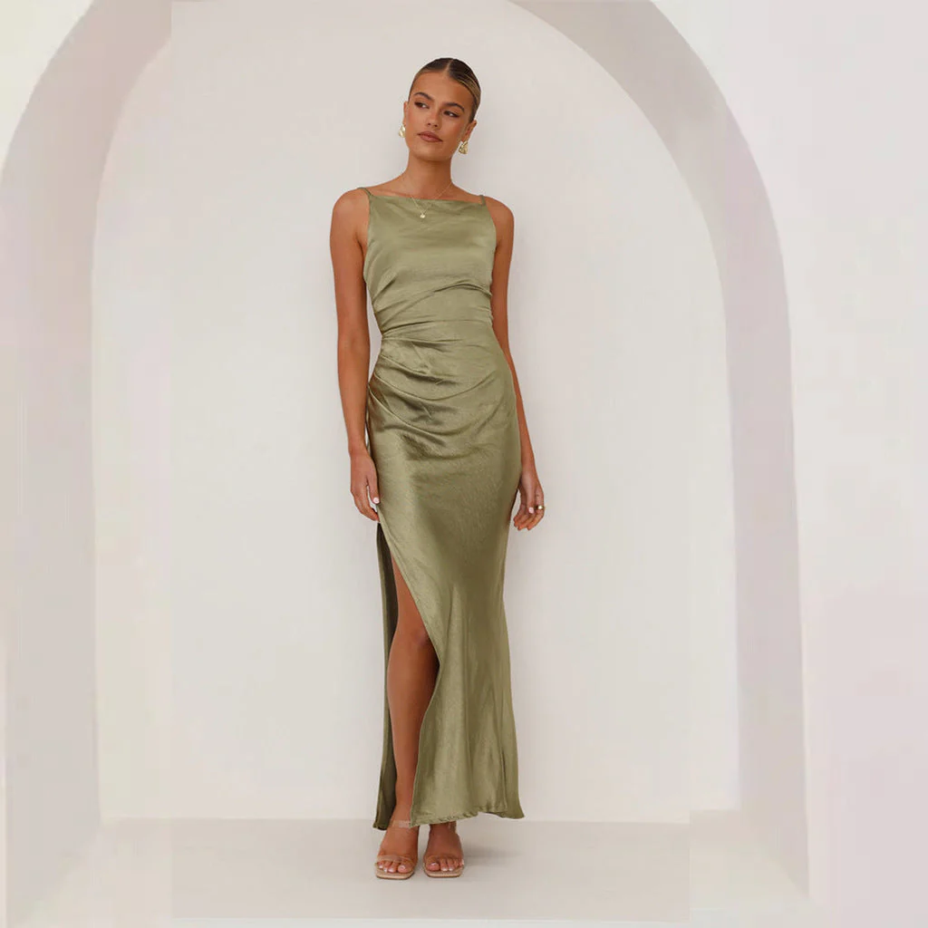Women's Midi Dress – Slim Fit – Luxurious Shiny Fabric – Spaghetti Straps – Draped Neckline – Slit - Image 7