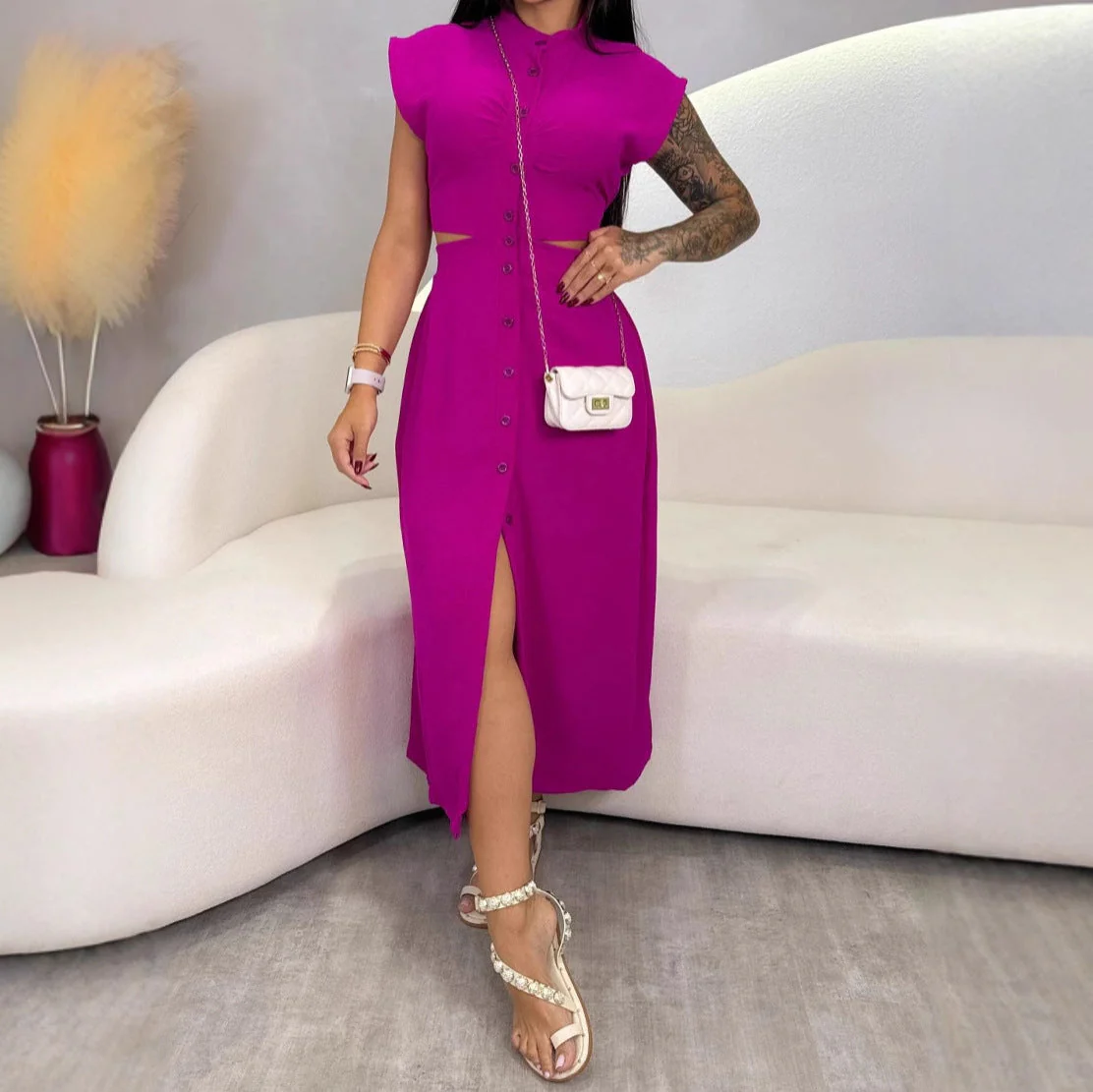 Women's Midi Dress – Slim Fit – Sleeveless – Cut-Out Waist – Button Closure – Turtleneck Collar - Image 4