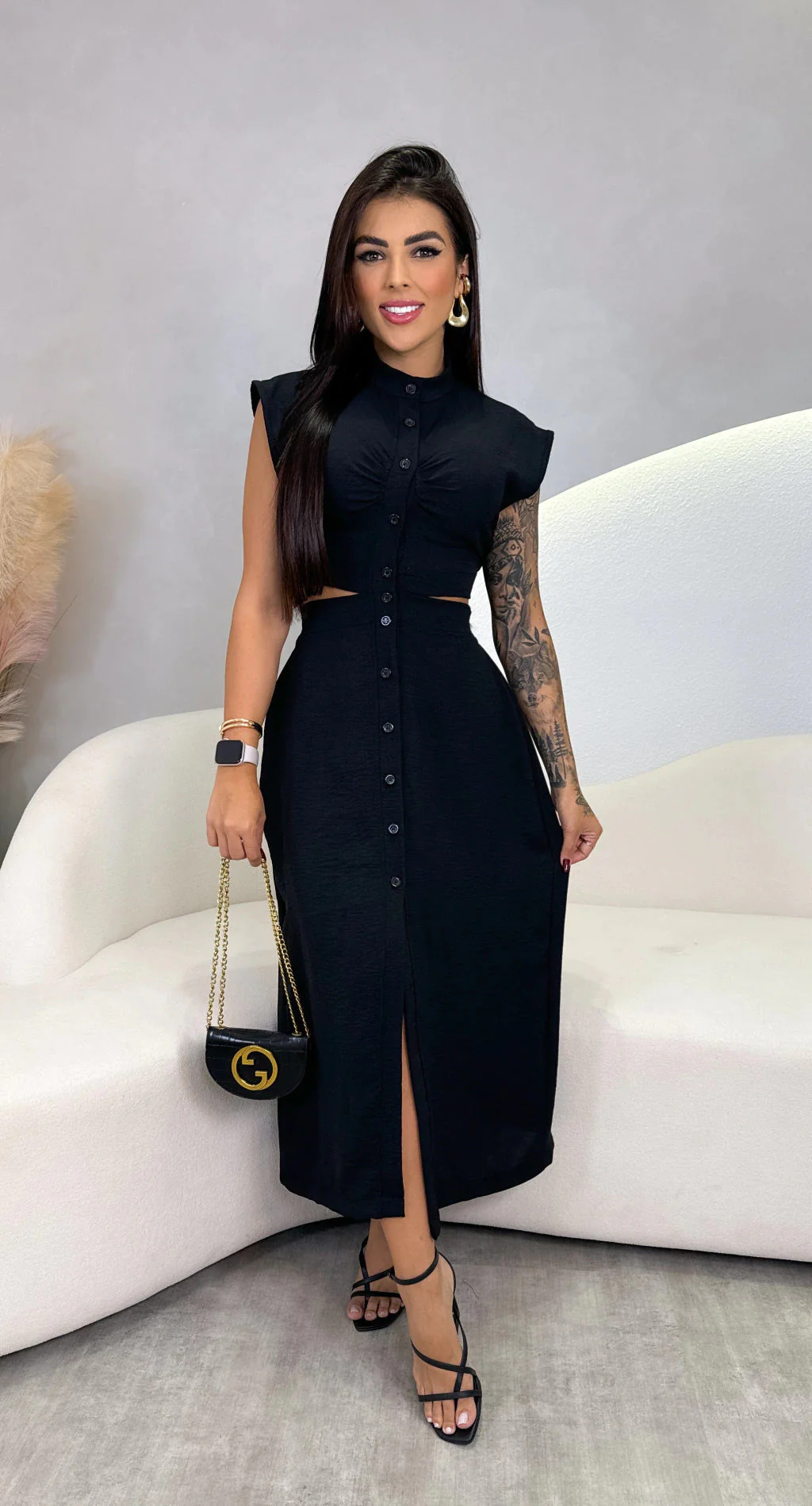 Women's Midi Dress – Slim Fit – Sleeveless – Cut-Out Waist – Button Closure – Turtleneck Collar - Image 6