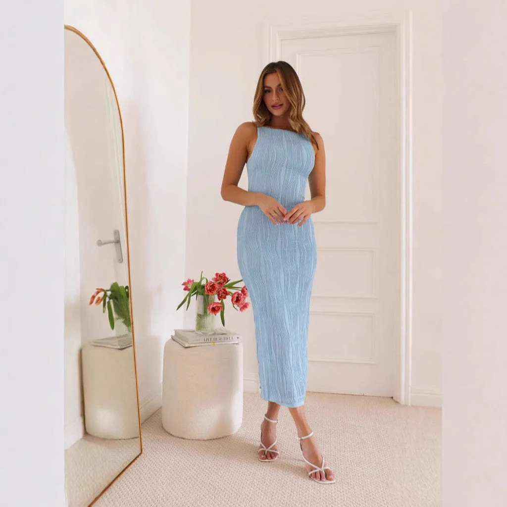 Ladies Midi Dress – Slim Fit – Sleeveless – Water Ripple Texture – Open Back - Image 6