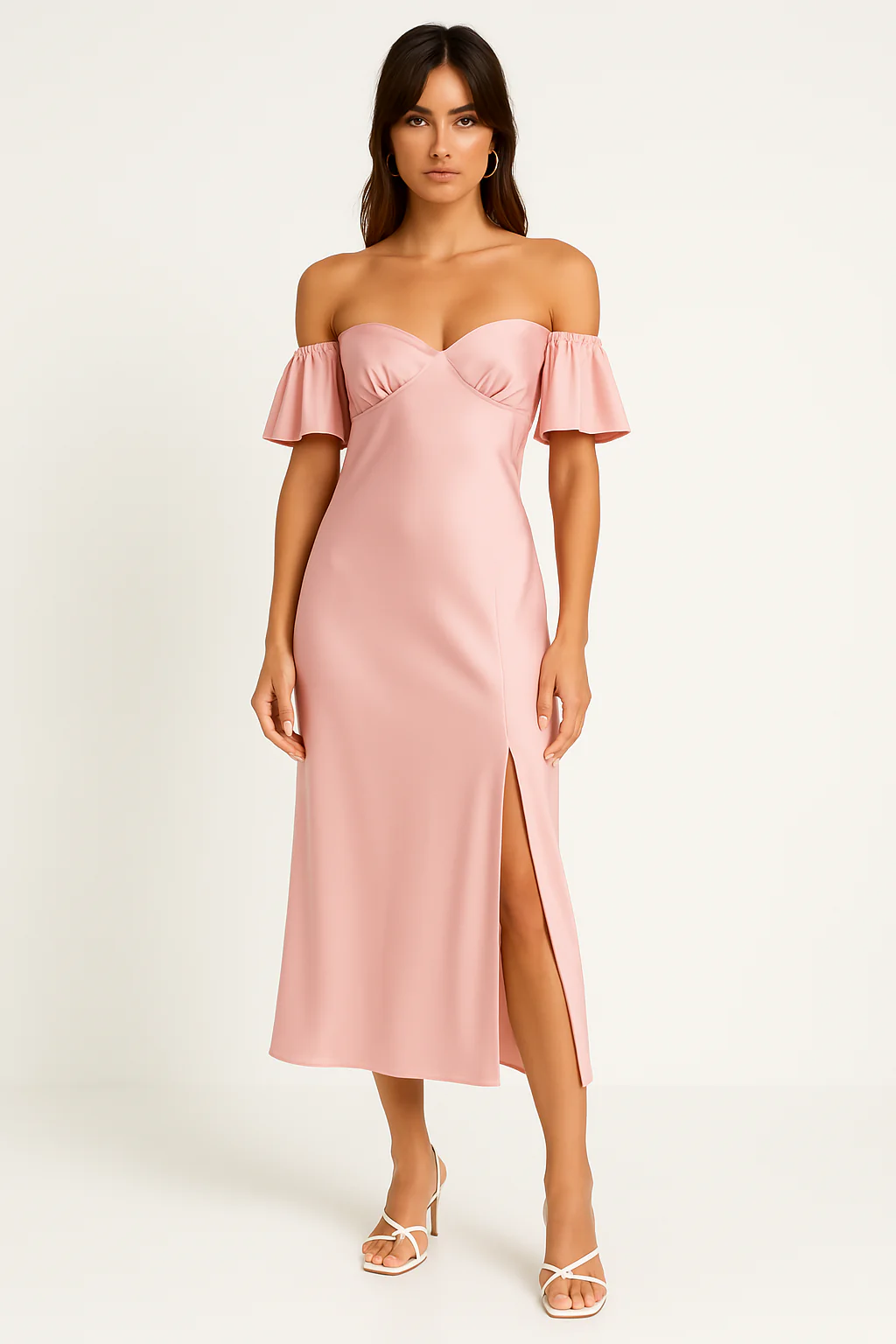 Women's Midi Dress – Slim Fit – Off Shoulder – Luxury Glossy Fabric – V-Back – Side Split - Image 2