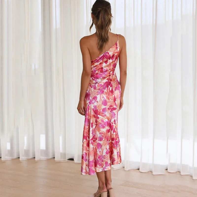 Women's Midi Dress – Slim Fit – One-Shoulder – Draped Silhouette – Luxury Fabric – Floral Print - Image 2