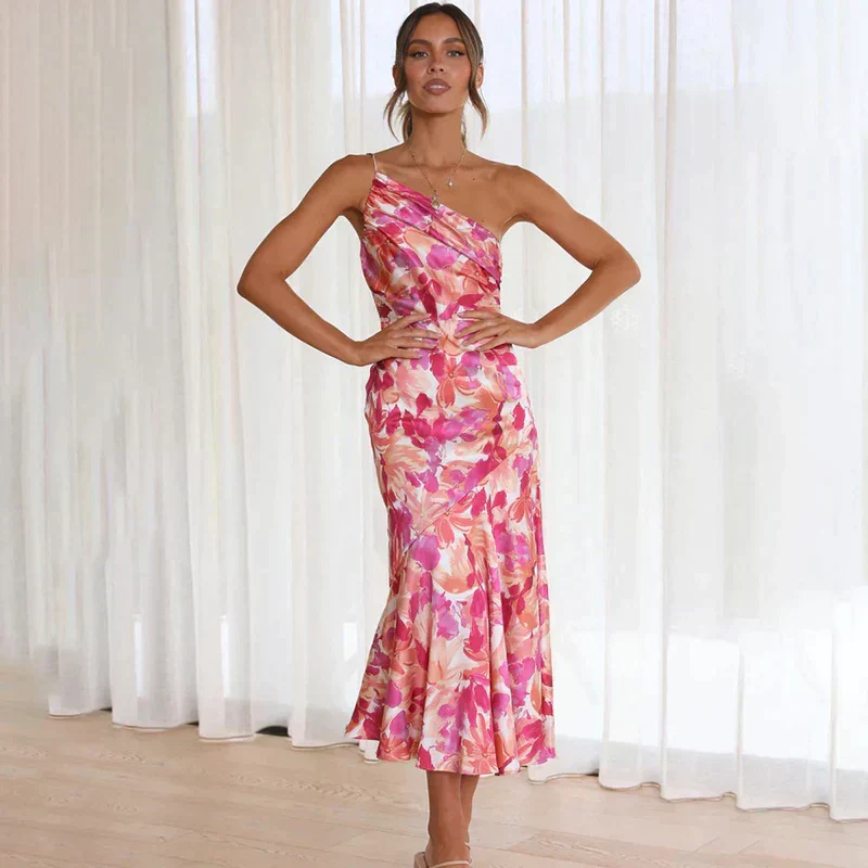 Women's Midi Dress – Slim Fit – One-Shoulder – Draped Silhouette – Luxury Fabric – Floral Print - Image 3