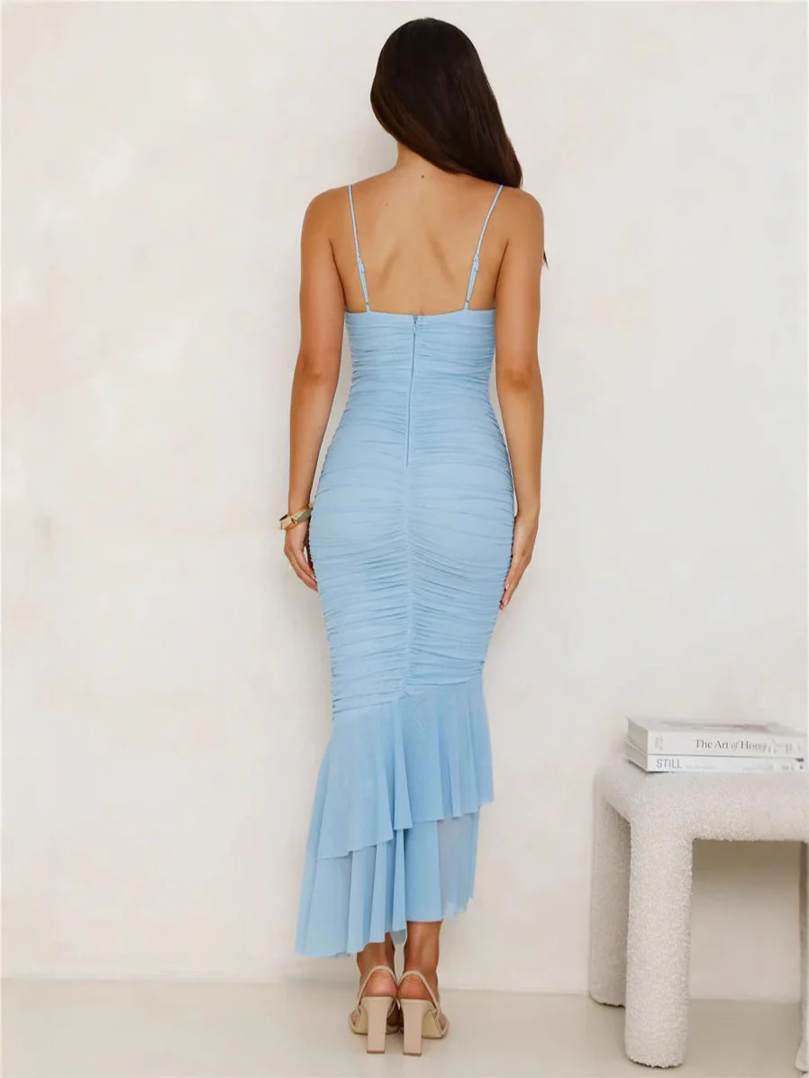 Women's Midi Dress – Slim Fit – Ruched Details – Spaghetti Straps – Floral Applique – Ruffle Hem - Image 2