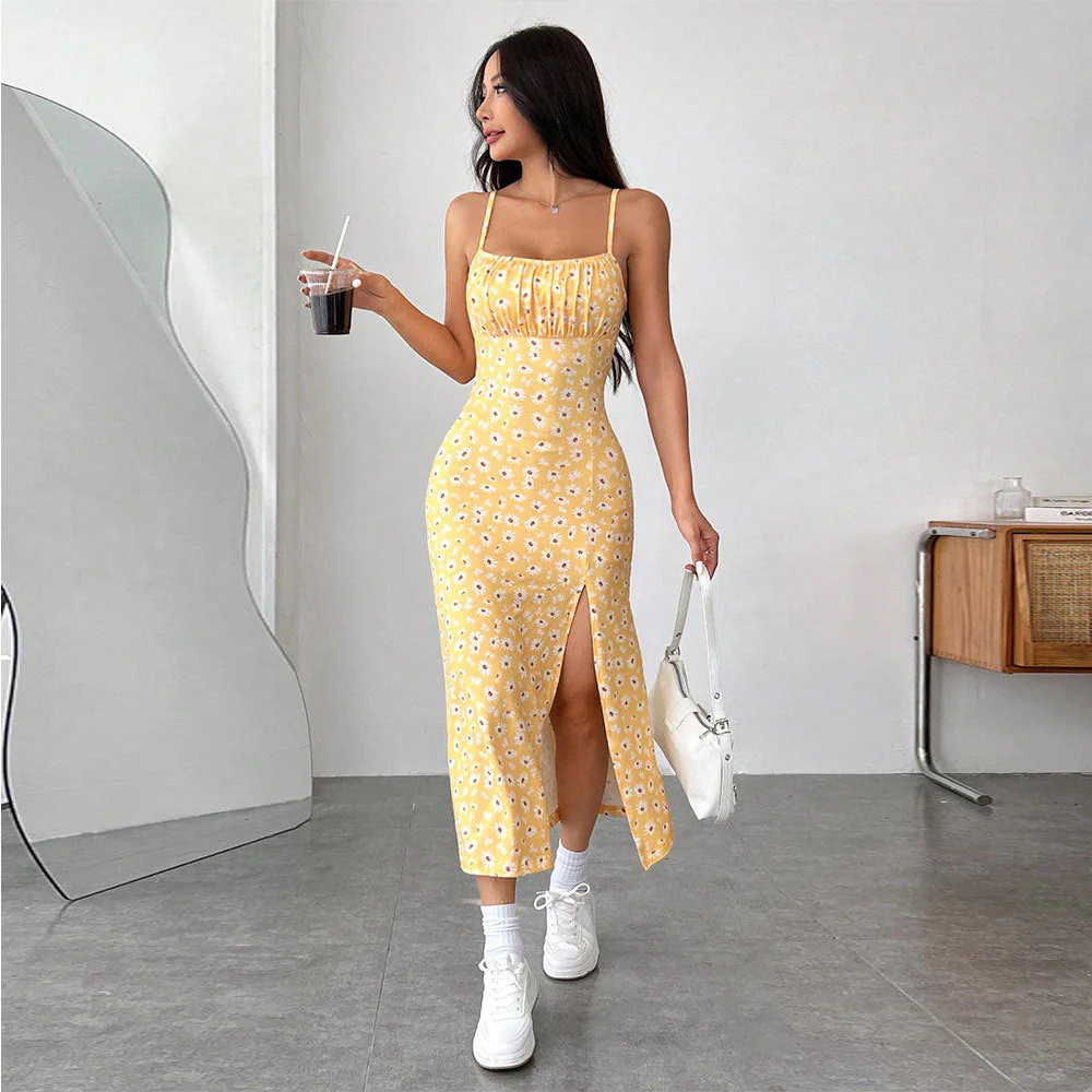 Ladies Midi Dress – Slim Fit – Spaghetti Straps – Floral Print – Breathable Fabric – Side Slit - Image 2