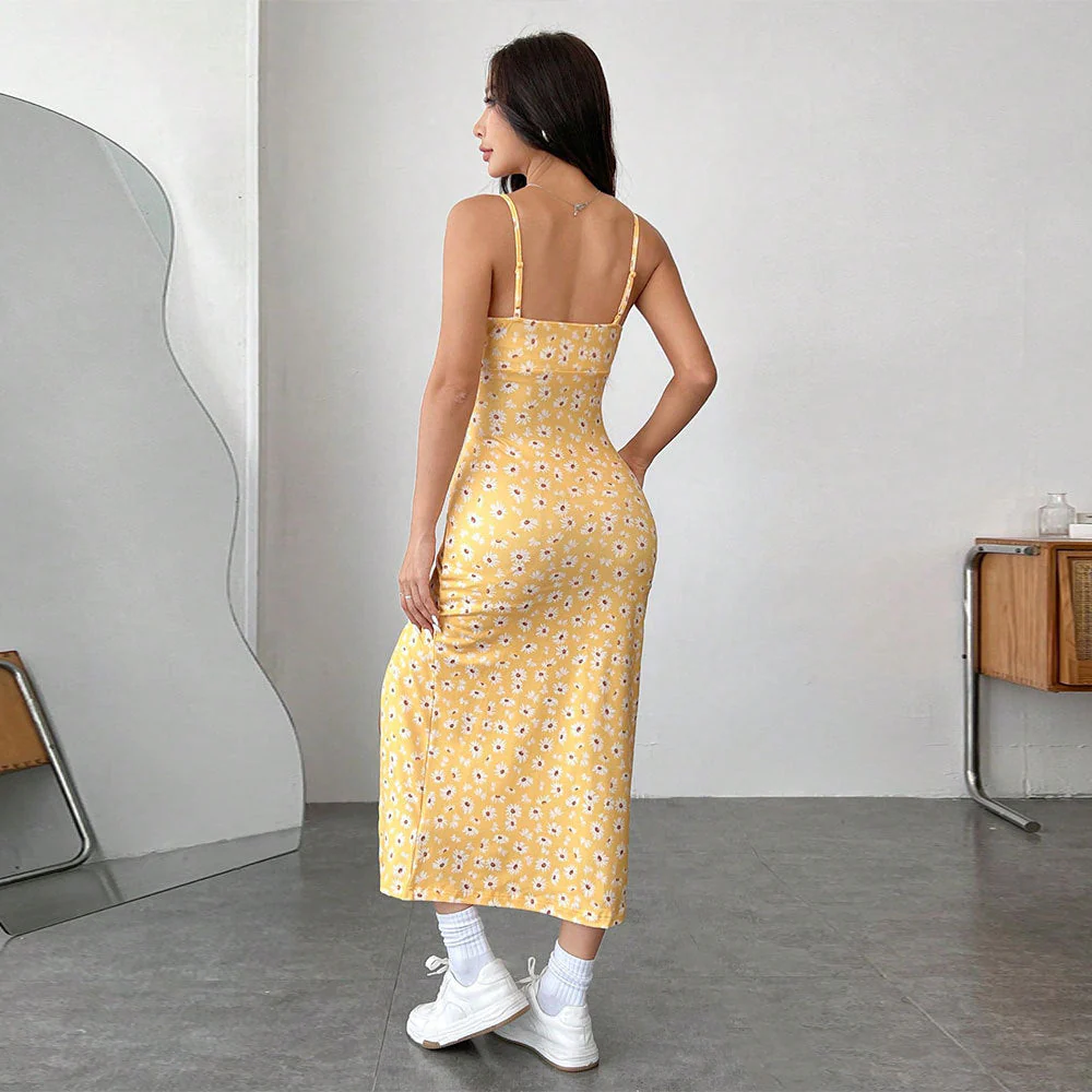 Ladies Midi Dress – Slim Fit – Spaghetti Straps – Floral Print – Breathable Fabric – Side Slit - Image 3