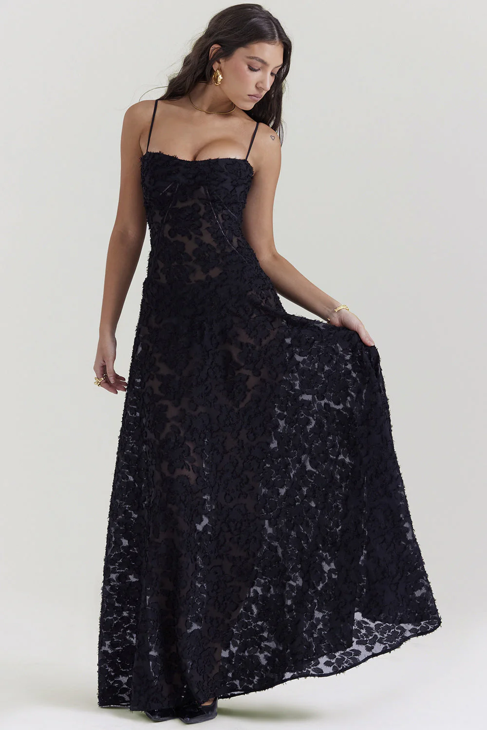 Ladies midi dress – Slim fit – Spaghetti straps – Elegant flowing skirt – Luxury fabric - Image 3