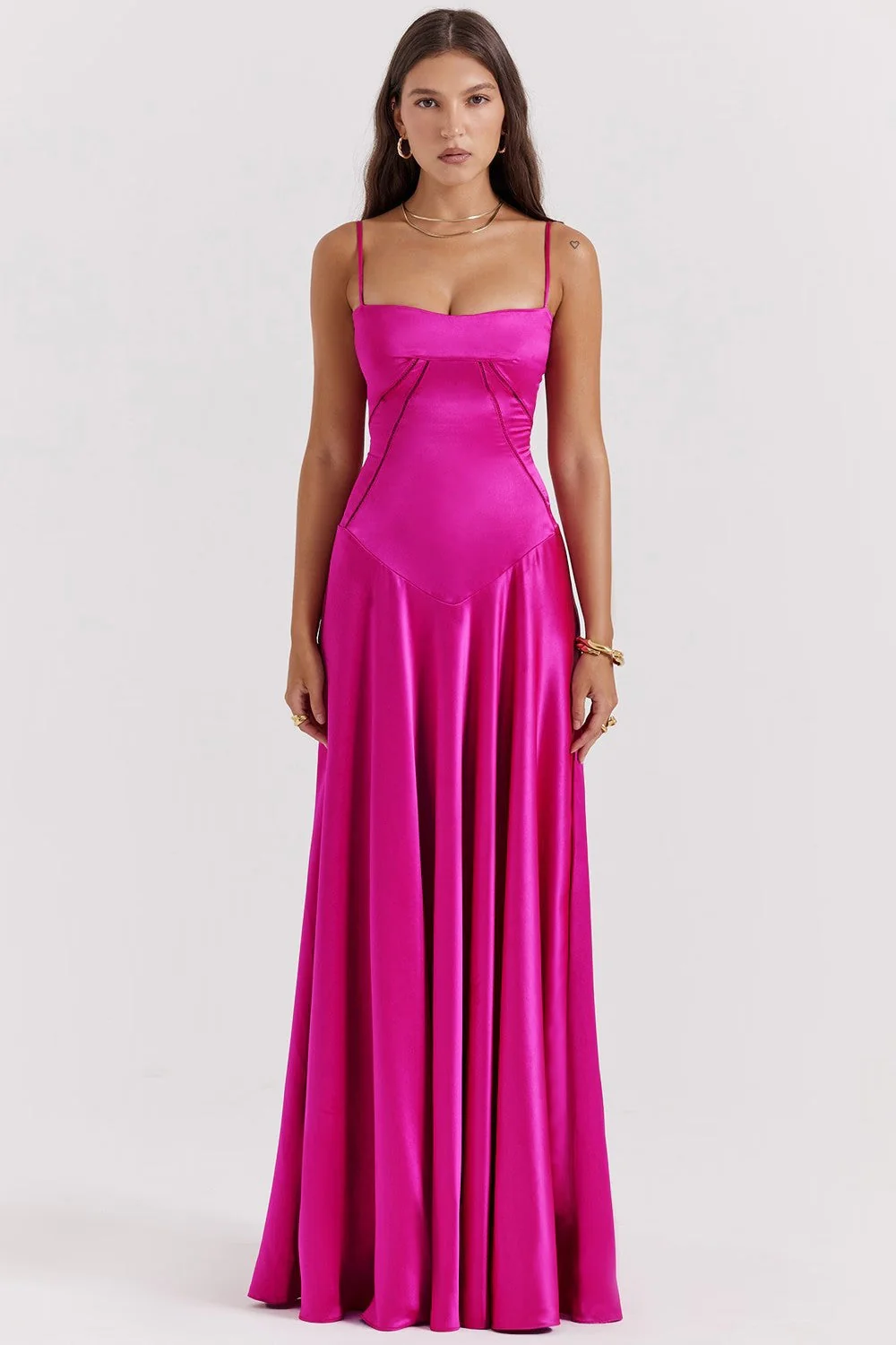 Ladies midi dress – Slim fit – Spaghetti straps – Elegant flowing skirt – Luxury fabric - Image 4