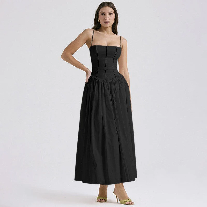 Women's Midi Dress – Slim Fit – Square Neck – Spaghetti Straps – Flared Skirt - Image 3