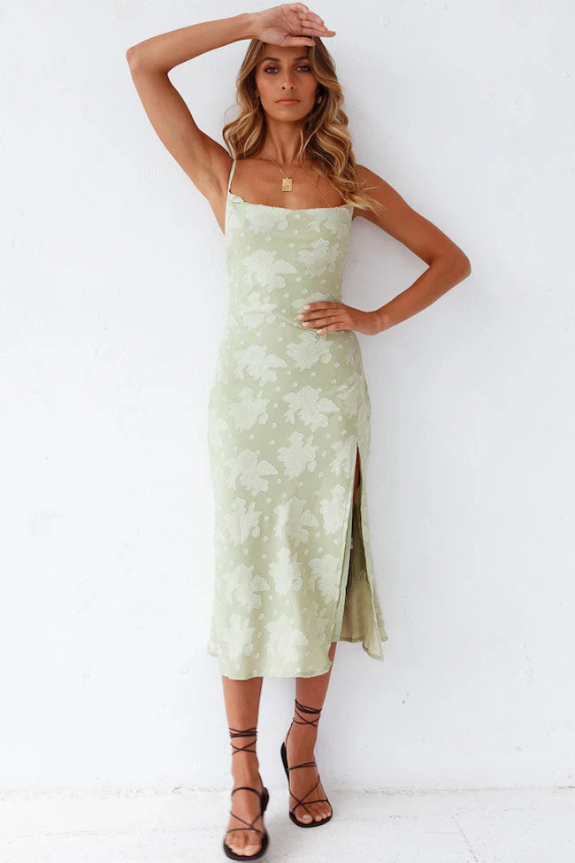 Women's Midi Dress – Slip Dress – Cowl Neckline – High Slit – Luxury Fabric – Floral Pattern - Image 2