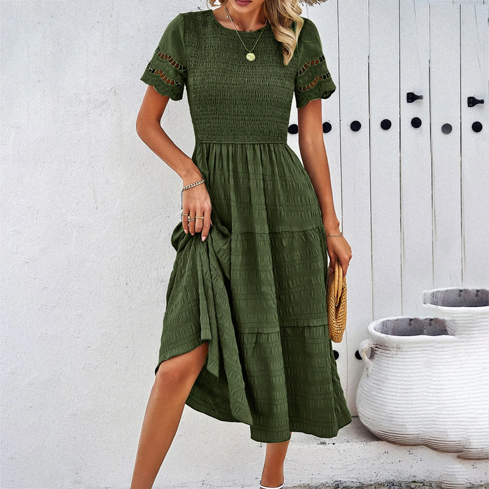 Women's Midi Dress – Smocked Bodice – Layered Skirt – Breathable – Ruffled Sleeves - Image 2