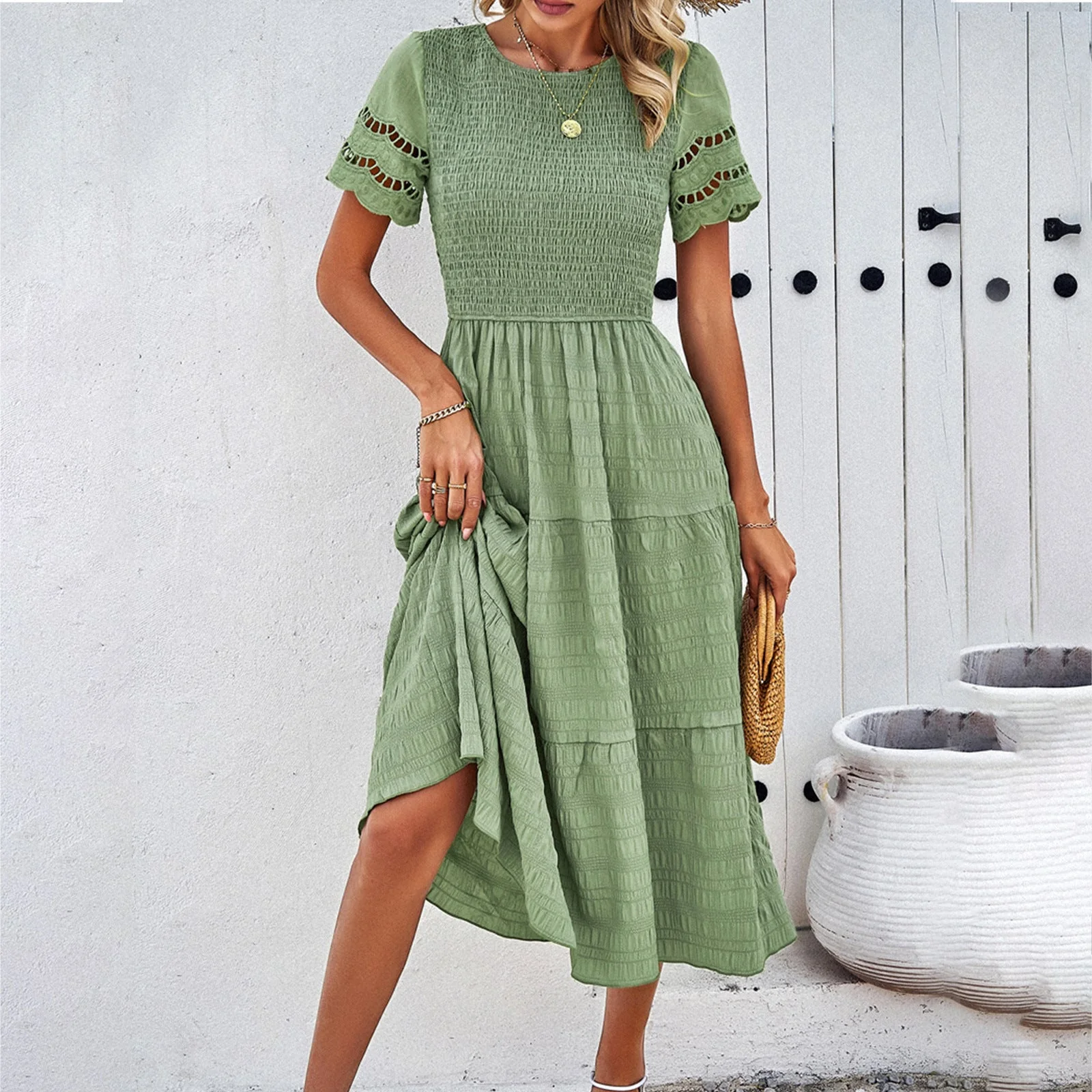Women's Midi Dress – Smocked Bodice – Layered Skirt – Breathable – Ruffled Sleeves - Image 3