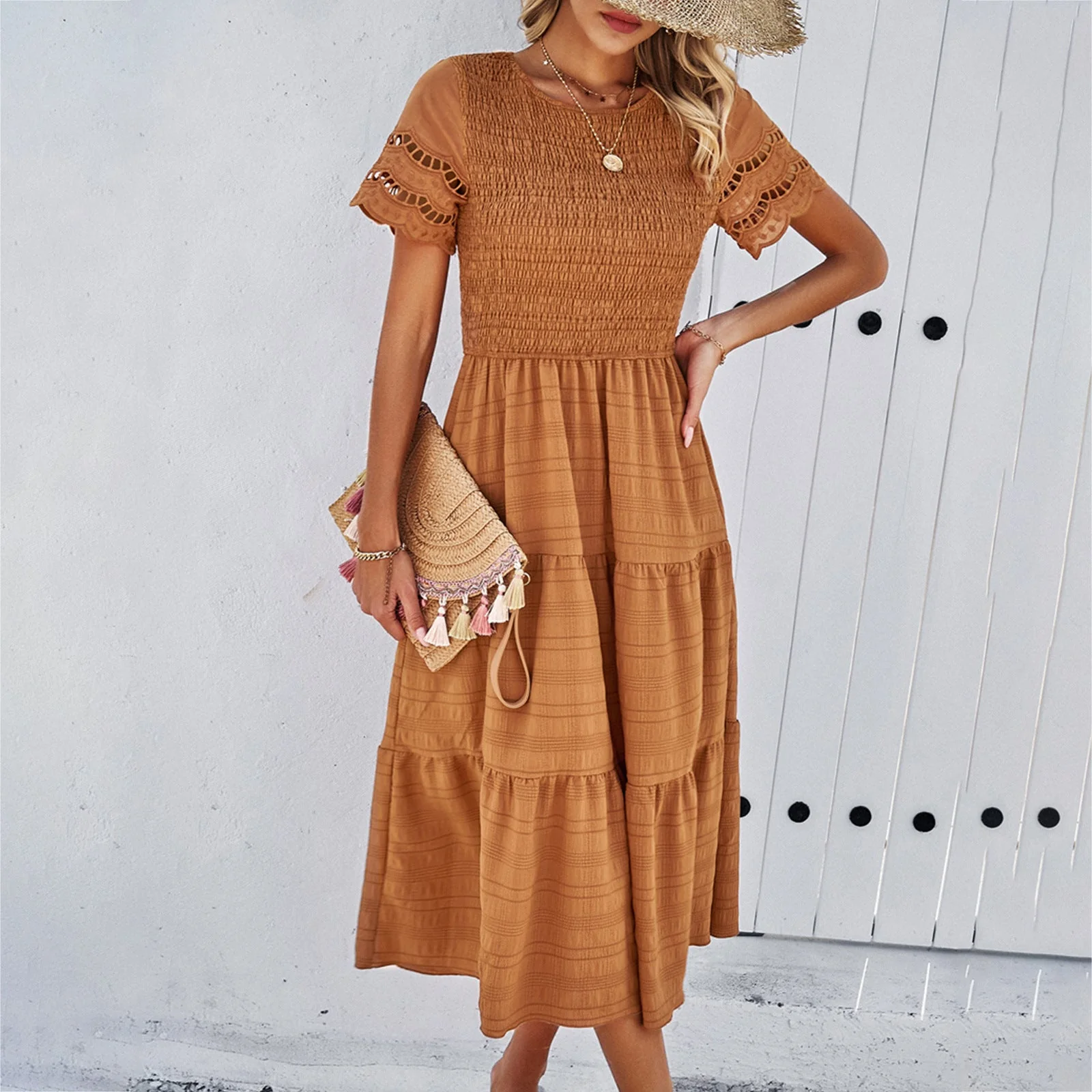 Women's Midi Dress – Smocked Bodice – Layered Skirt – Breathable – Ruffled Sleeves - Image 4