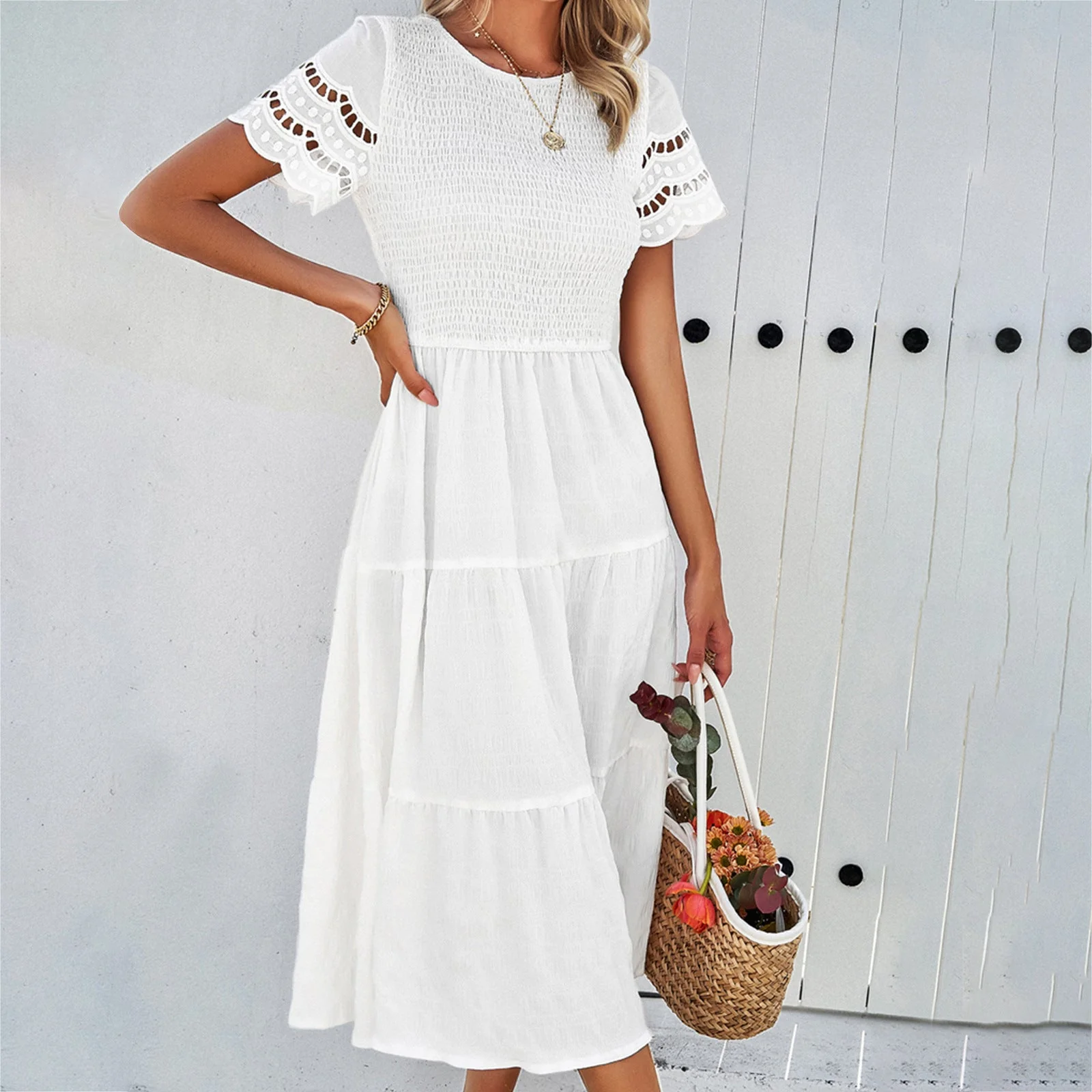 Women's Midi Dress – Smocked Bodice – Layered Skirt – Breathable – Ruffled Sleeves - Image 5