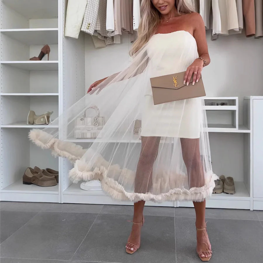 Women's midi dress – Strapless – Loose A-line model – Airy tulle – Ruffled hem - Image 2