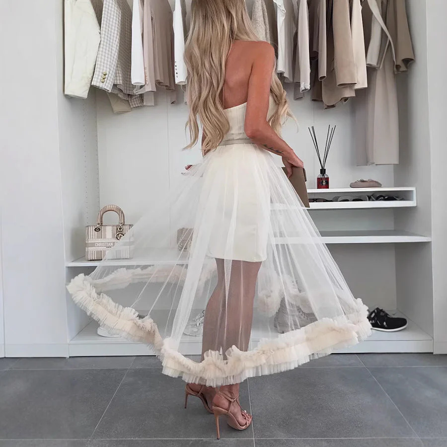 Women's midi dress – Strapless – Loose A-line model – Airy tulle – Ruffled hem - Image 3