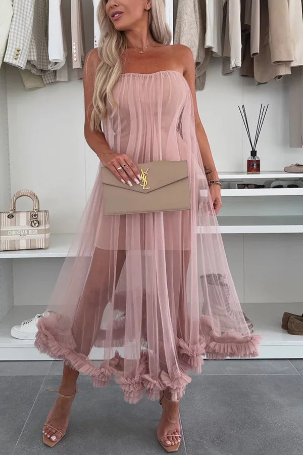 Women's midi dress – Strapless – Loose A-line model – Airy tulle – Ruffled hem - Image 4