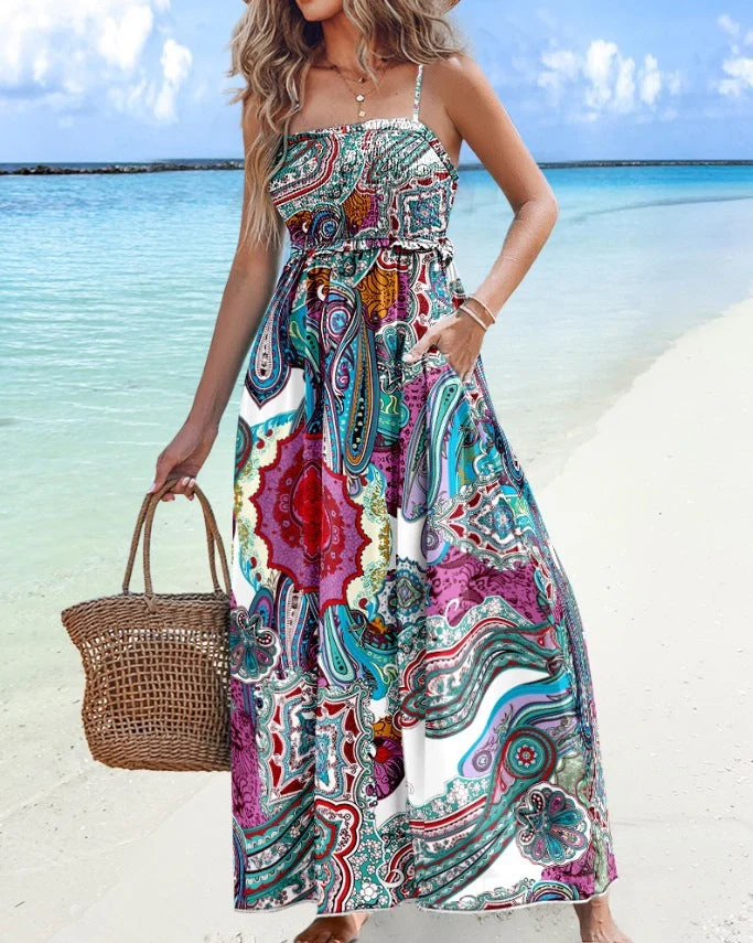 Women's Midi Dress – Strapless – Smock Top – Flowy Skirt with Split – Print Pattern - Image 3