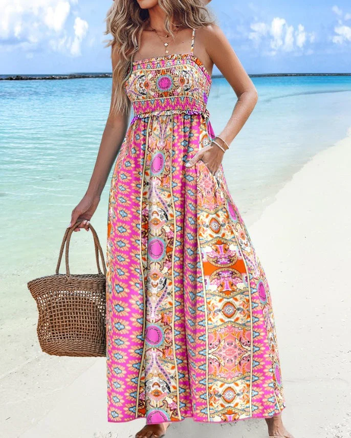 Women's Midi Dress – Strapless – Smock Top – Flowy Skirt with Split – Print Pattern - Image 4