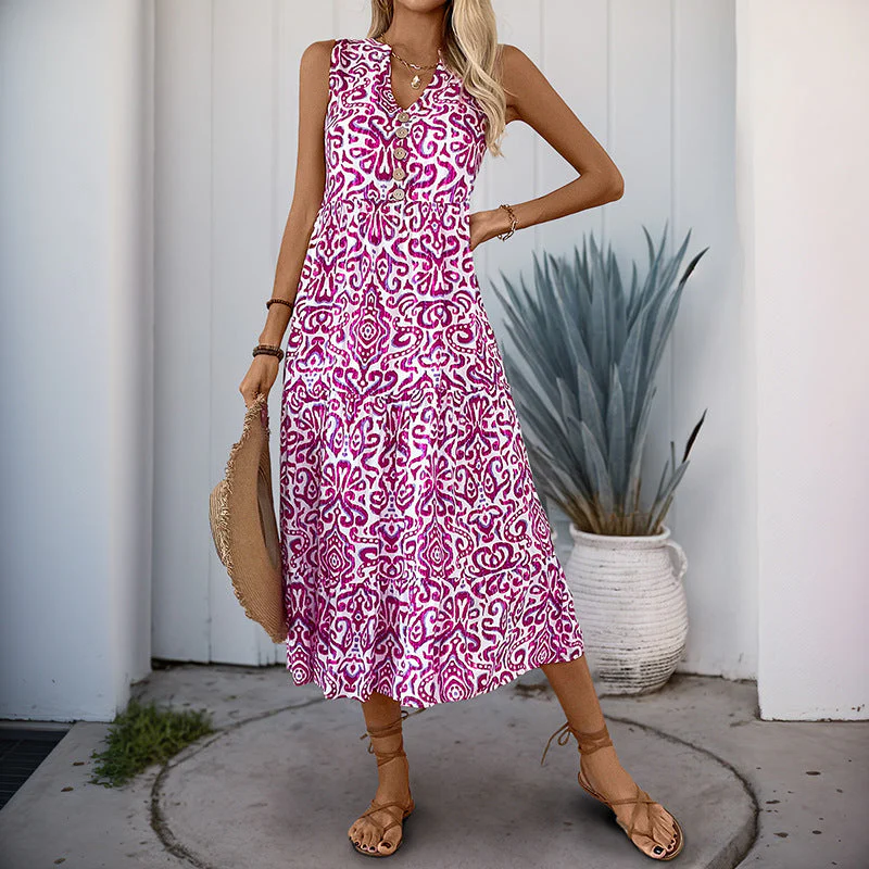 Women's Midi Dress – V-Neck – A-line – Cotton – Front Buttons – Airy and Comfortable - Image 3