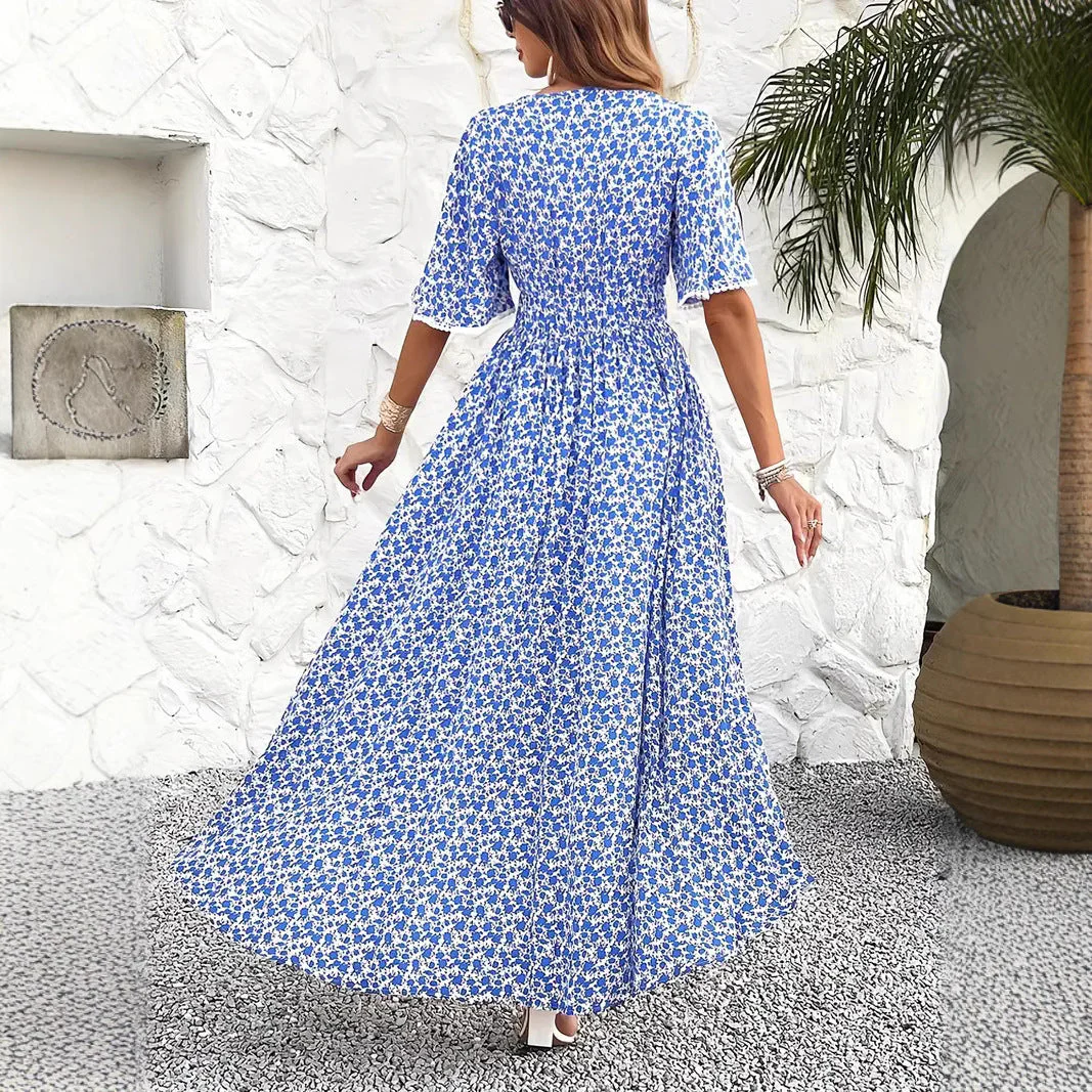 Women's midi dress – V-neck – Floral print – Cotton – Adjustable waist – Split hem - Image 3