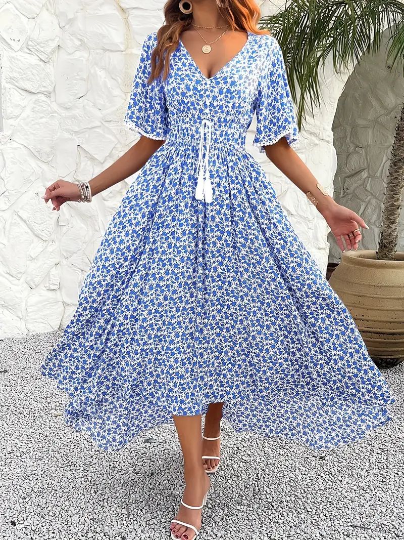 Women's midi dress – V-neck – Floral print – Cotton – Adjustable waist – Split hem - Image 4