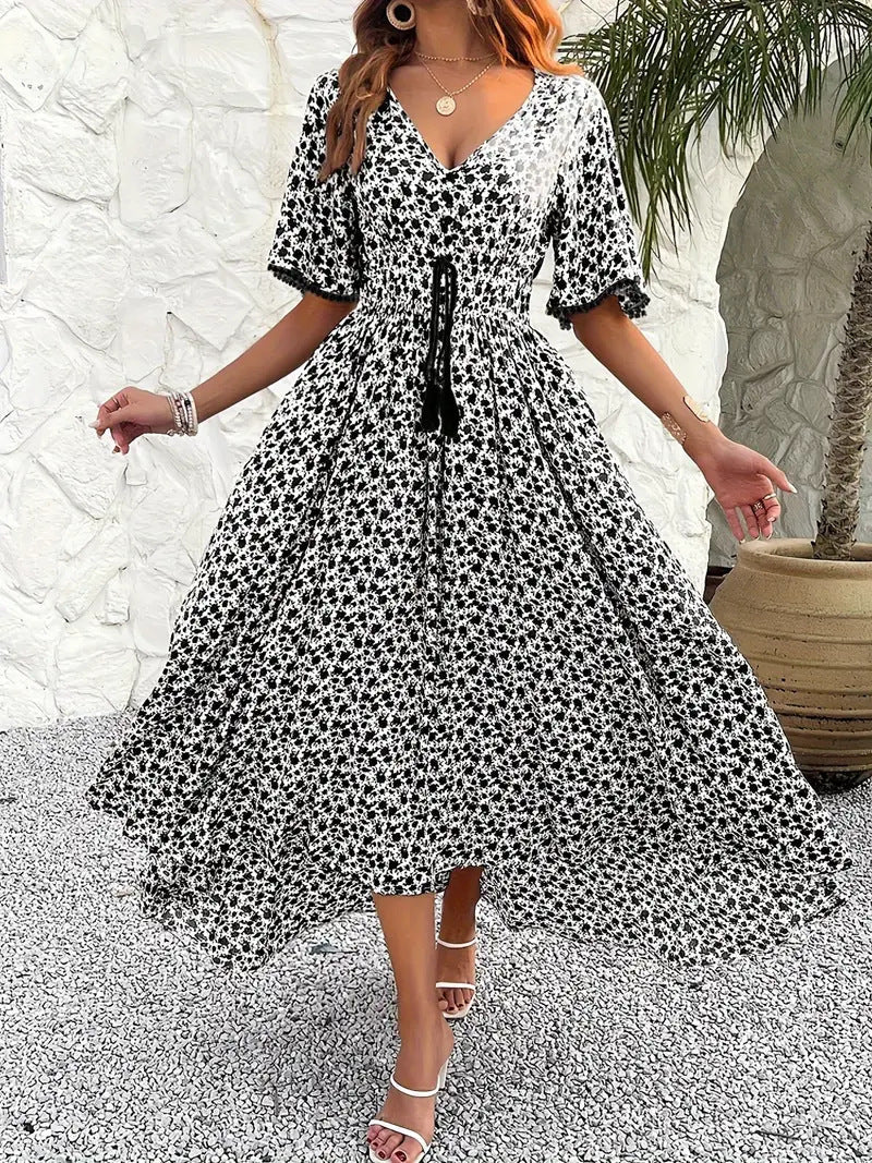 Women's midi dress – V-neck – Floral print – Cotton – Adjustable waist – Split hem - Image 5