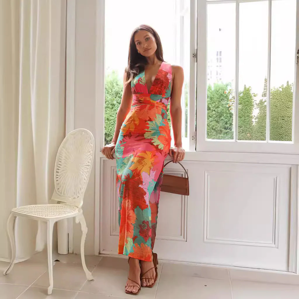 Ladies Midi Dress – V-neck – Floral Print – Waist Belt – Airy Fit - Image 2