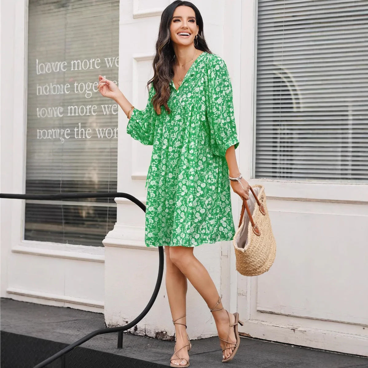 Women's Midi Dress – V-neck – Bohemian Floral Print – Relaxed Fit – Lantern Sleeves - Image 3