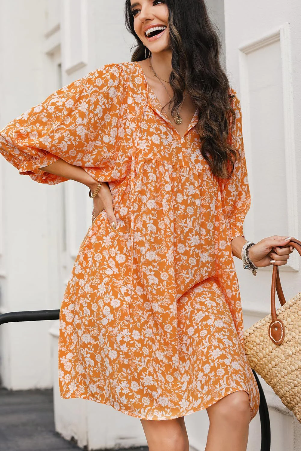 Women's Midi Dress – V-neck – Bohemian Floral Print – Relaxed Fit – Lantern Sleeves - Image 5