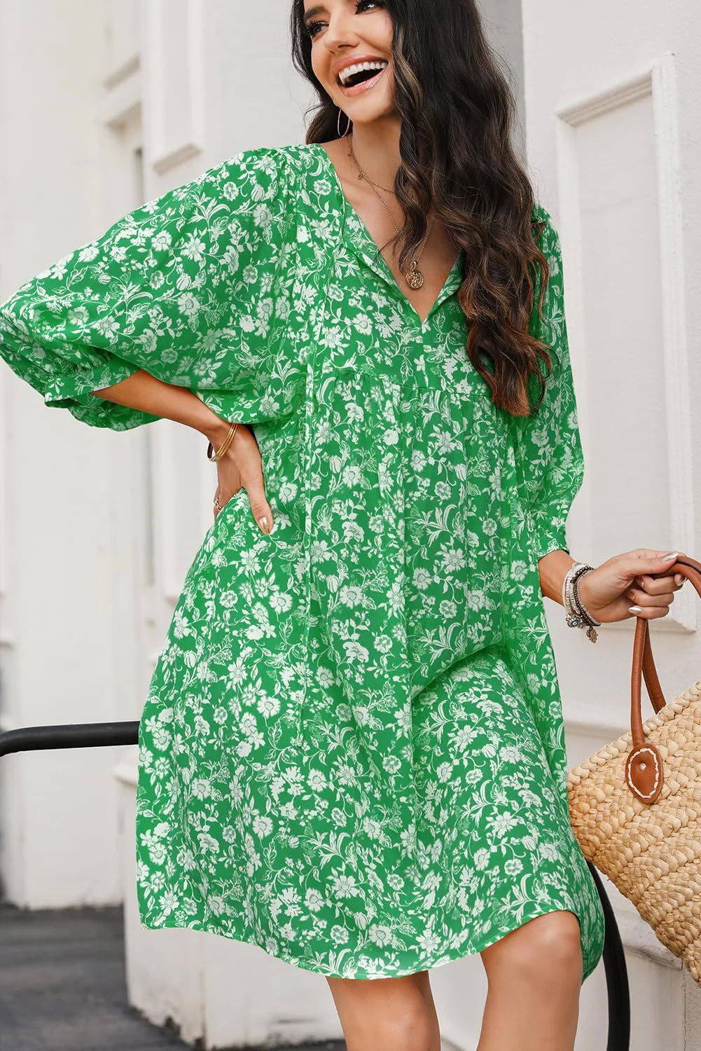 Women's Midi Dress – V-neck – Bohemian Floral Print – Relaxed Fit – Lantern Sleeves - Image 7